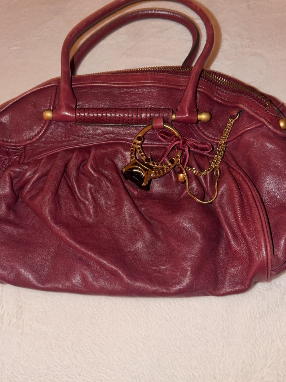 Vintage Juicy Couture Wine Red Leather Shoulder Bag with Gold Hardware